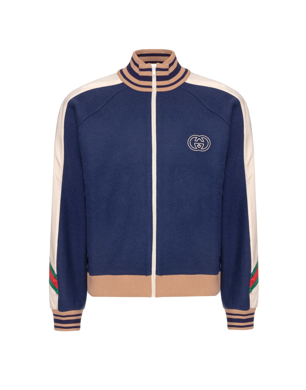 GUCCI GG LOGO VARSITY JACKET – BLUE/CREAM – WEB STRIPE SLEEVES
