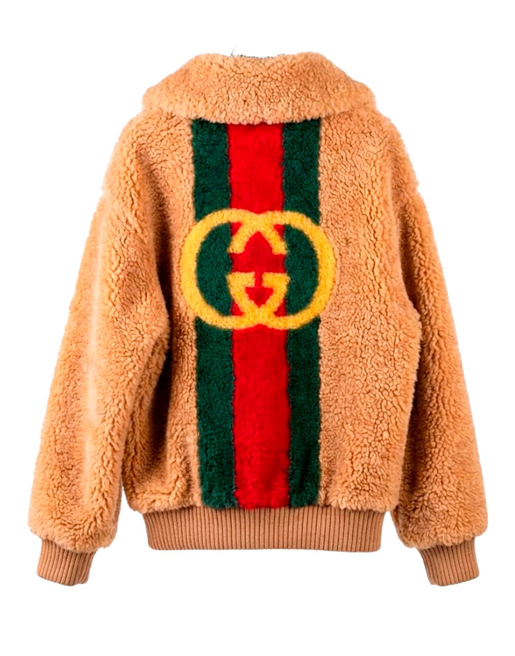 GUCCI SHEARLING TEDDY JACKET WITH WEB STRIPE AND GG BACK-CREAM
