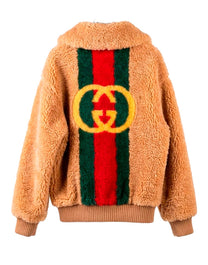 GUCCI SHEARLING TEDDY JACKET WITH WEB STRIPE AND GG BACK-CREAM