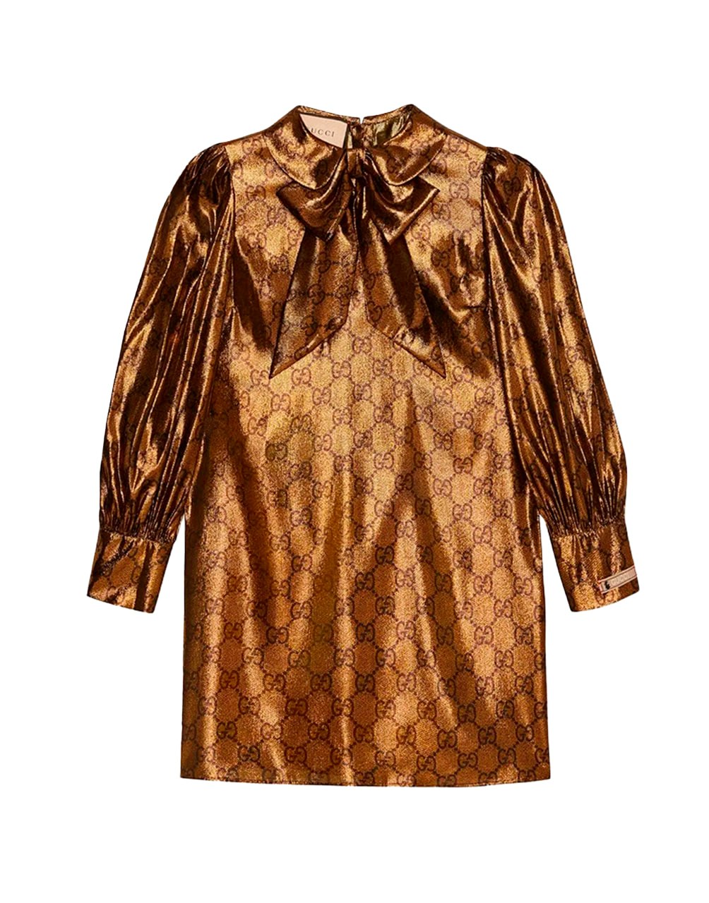 GUCCI GOLDEN MONOGRAM PRINTED DRESS WITH BOW DETAIL
