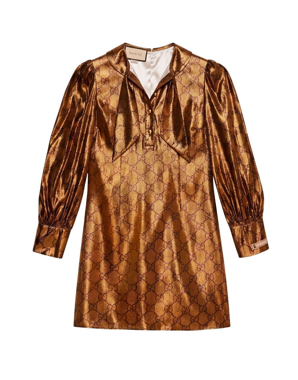 GUCCI GOLDEN MONOGRAM PRINTED DRESS WITH BOW DETAIL