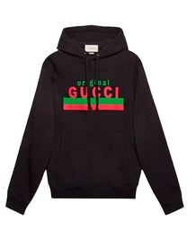 GUCCI BLACK HOODED SWEATSHIRT WITH GREEN AND RED  LOGO STRIPE