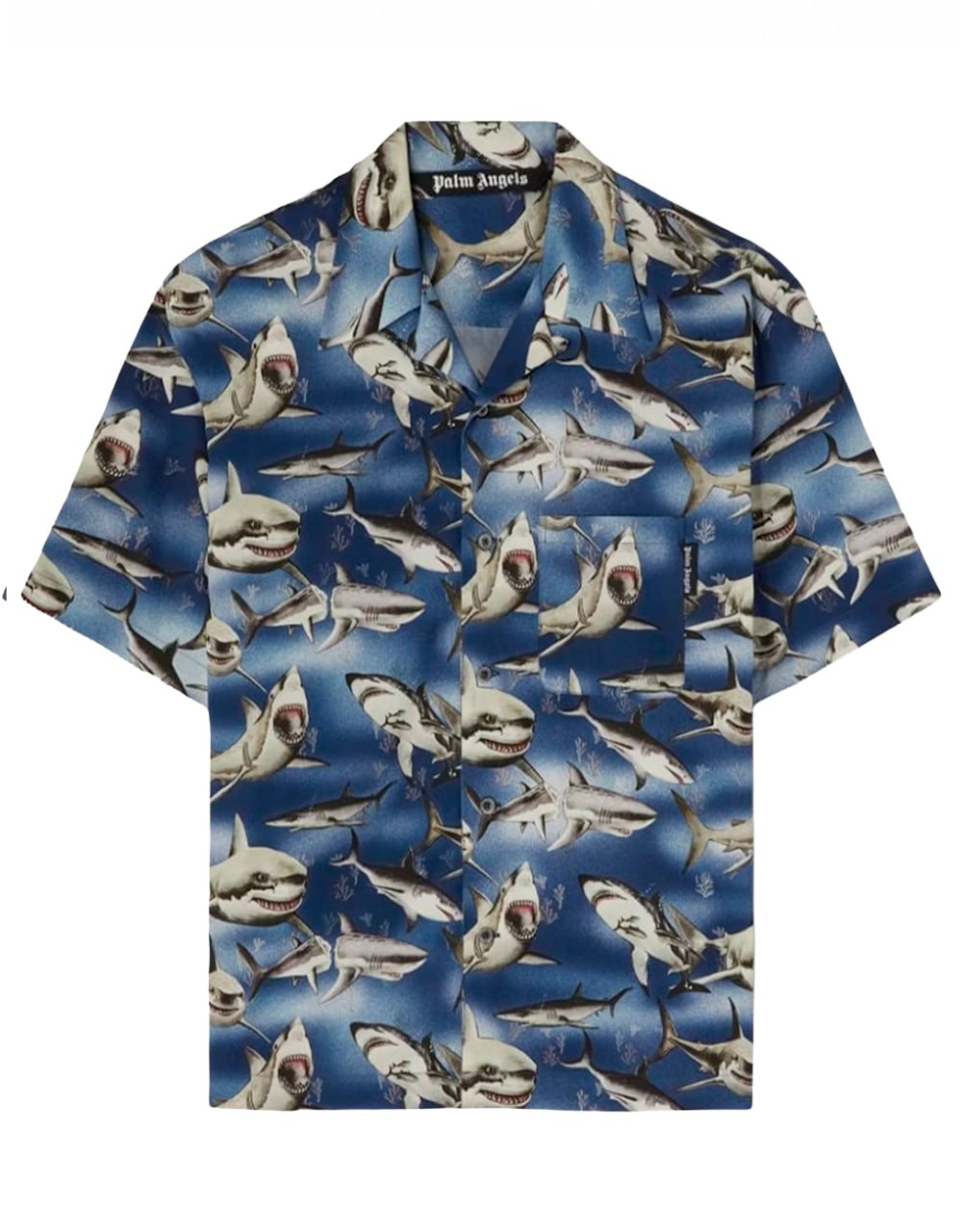 SHARKS BOWLING SHIRT BLUE BLACK PALM ANGELS