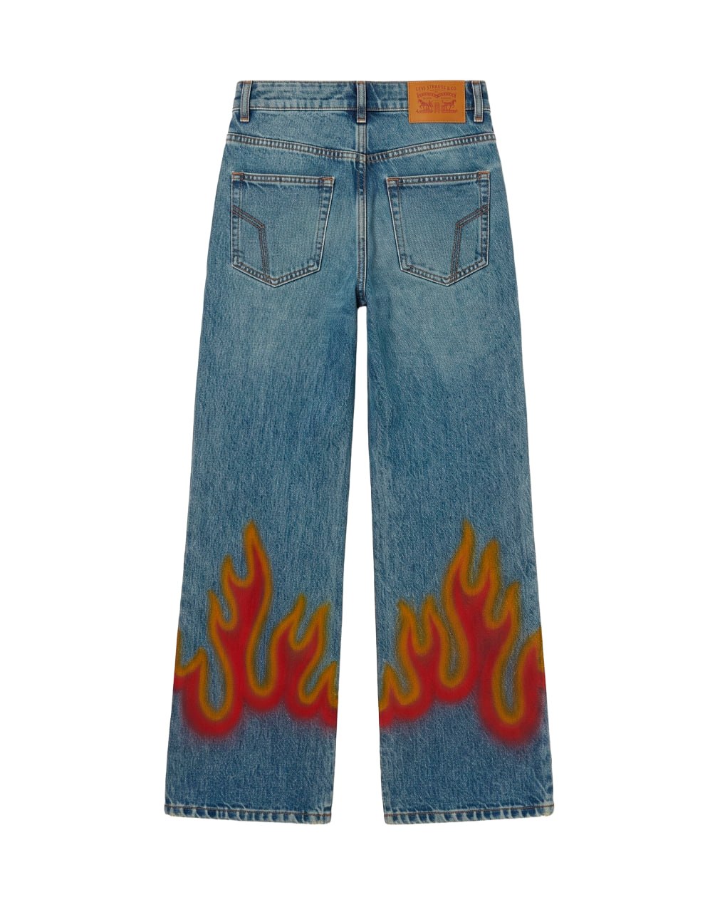 BURNING FLARED DENIM PANTS LIGHT BLUE RED PALM ANGELS