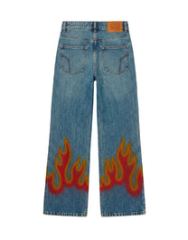 BURNING FLARED DENIM PANTS LIGHT BLUE RED PALM ANGELS