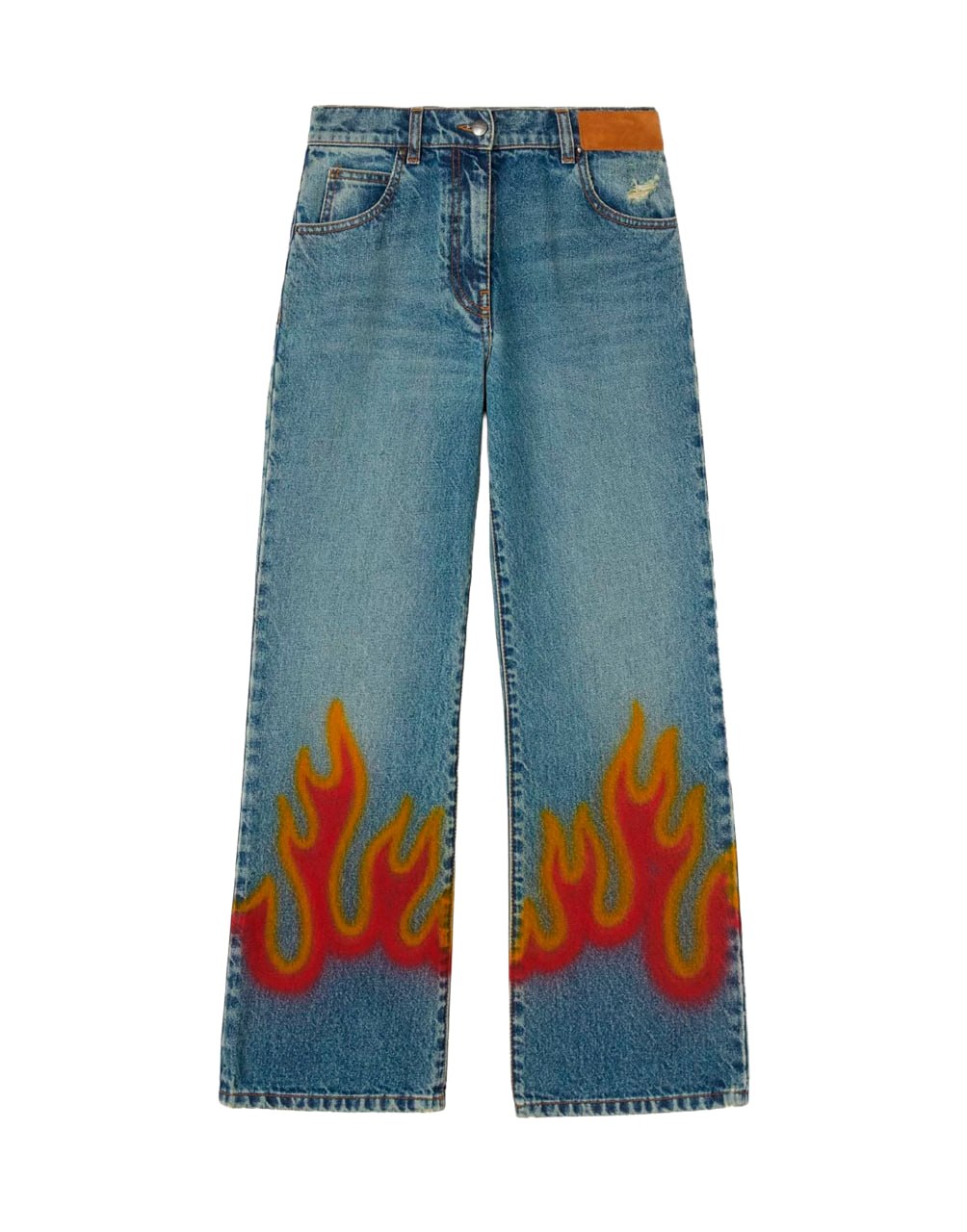 BURNING FLARED DENIM PANTS LIGHT BLUE RED PALM ANGELS