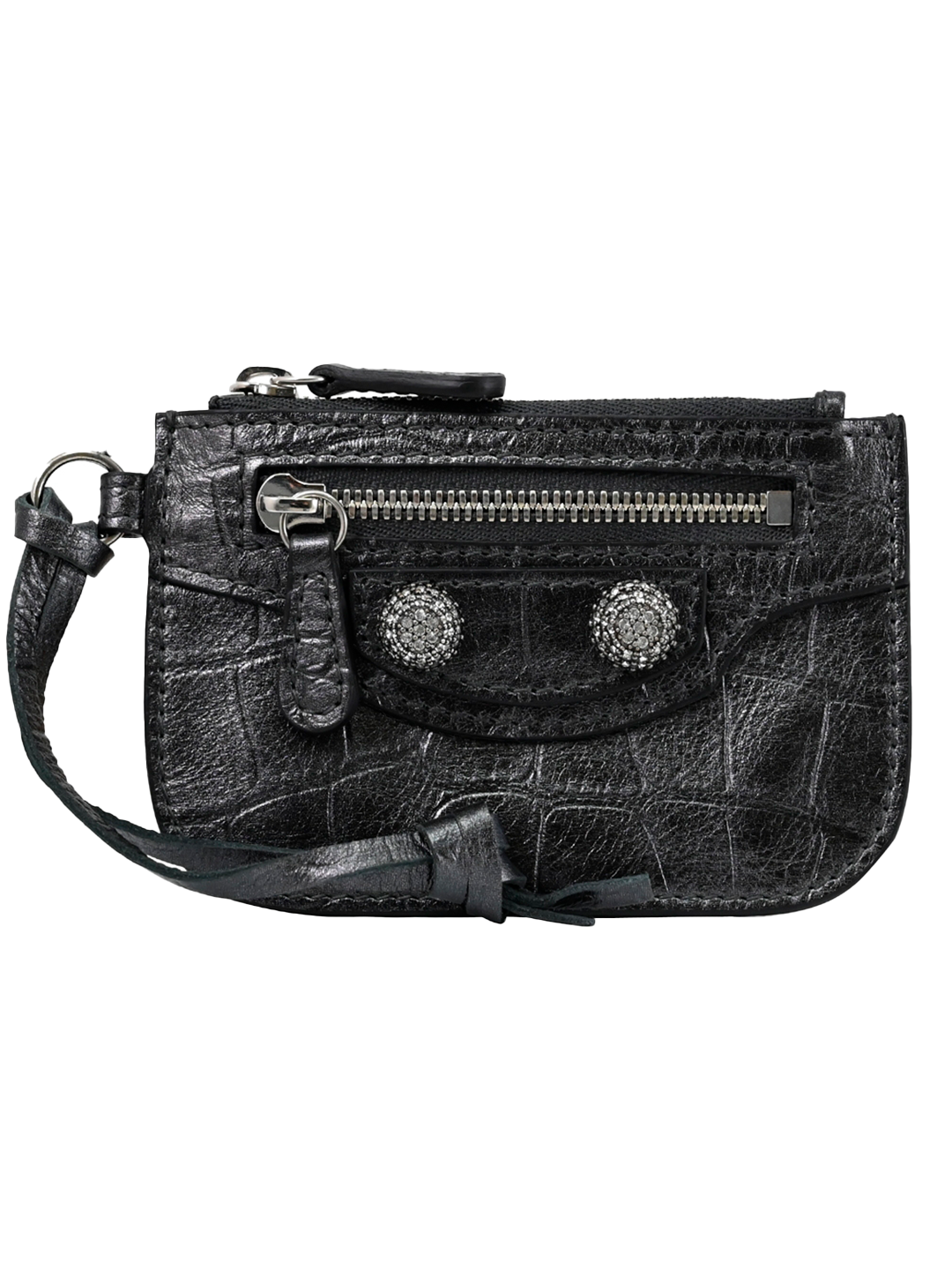 Balenciaga BALENCIAGA MEN'S LE CAGOLE PHONE HOLDER BLACK METALLIC CROC EMBOlSE