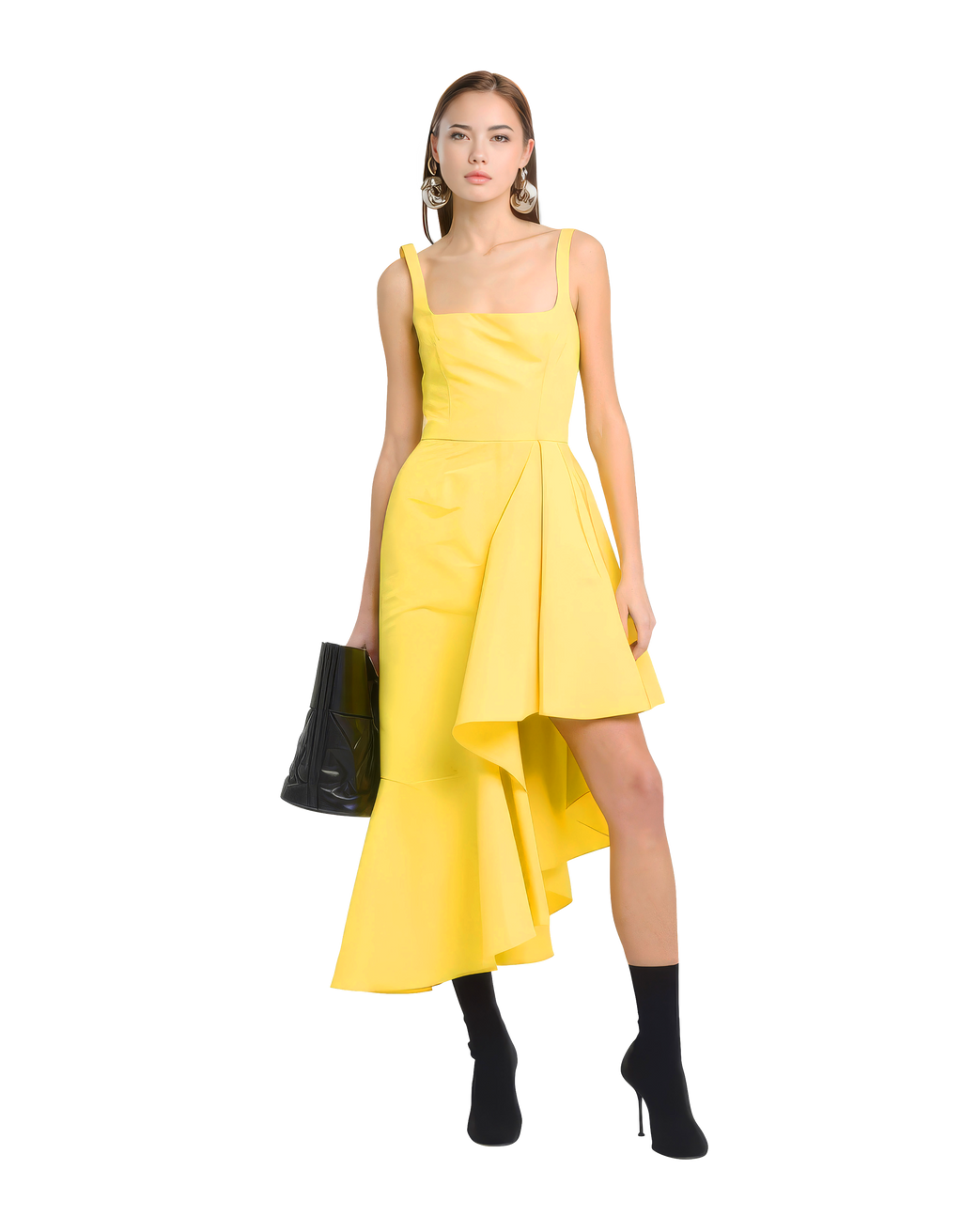 VESTIDO MIDI ASIMÉTRICO CON VOLANTES DE TAFETÁN AMARILLO DE ALEXANDER MCQUEEN